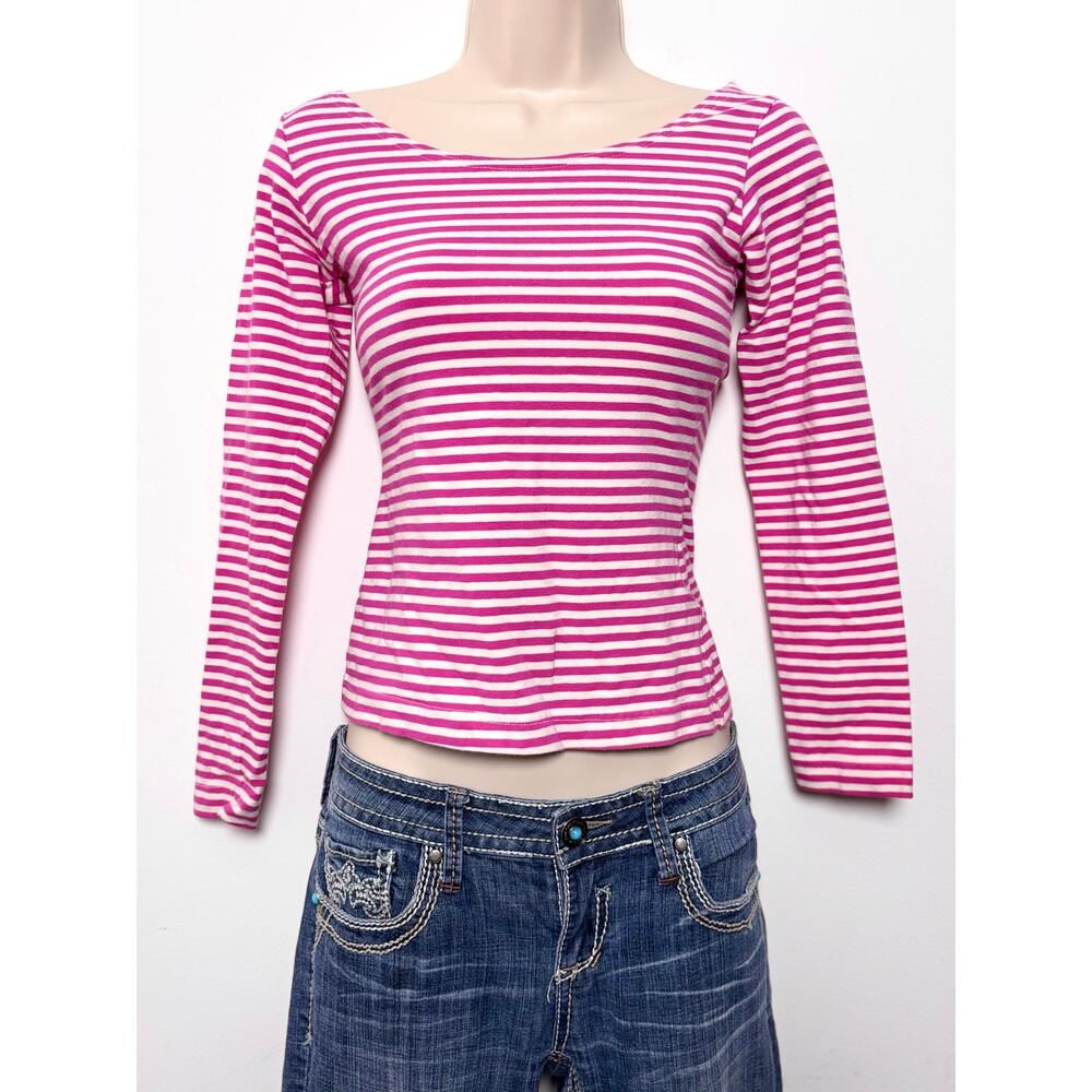 Vtg Y2K Esprit Pink White Striped Boatneck Three Quarter Sleeve Fitted Top